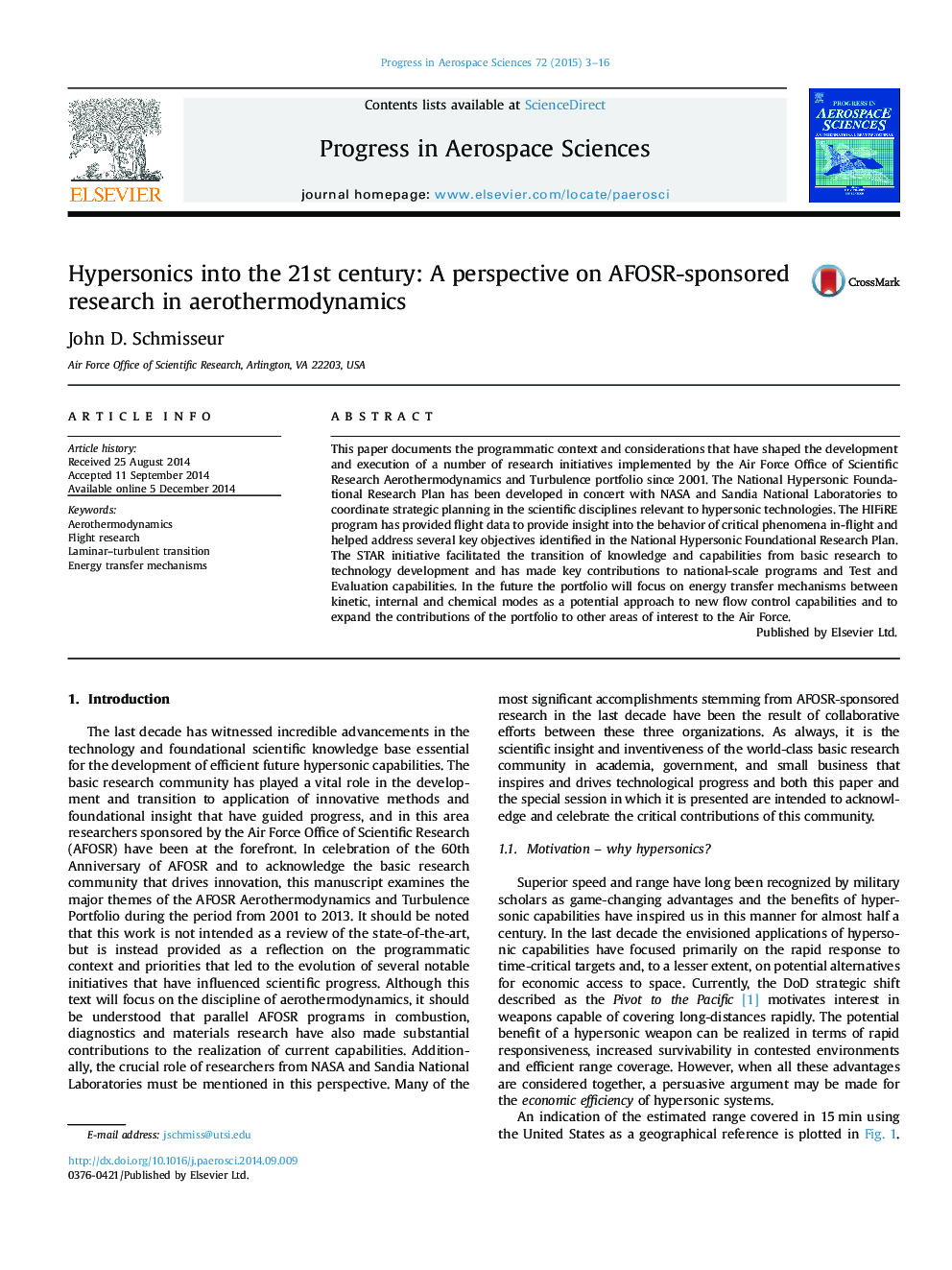 Hypersonics into the 21st century: A perspective on AFOSR-sponsored research in aerothermodynamics