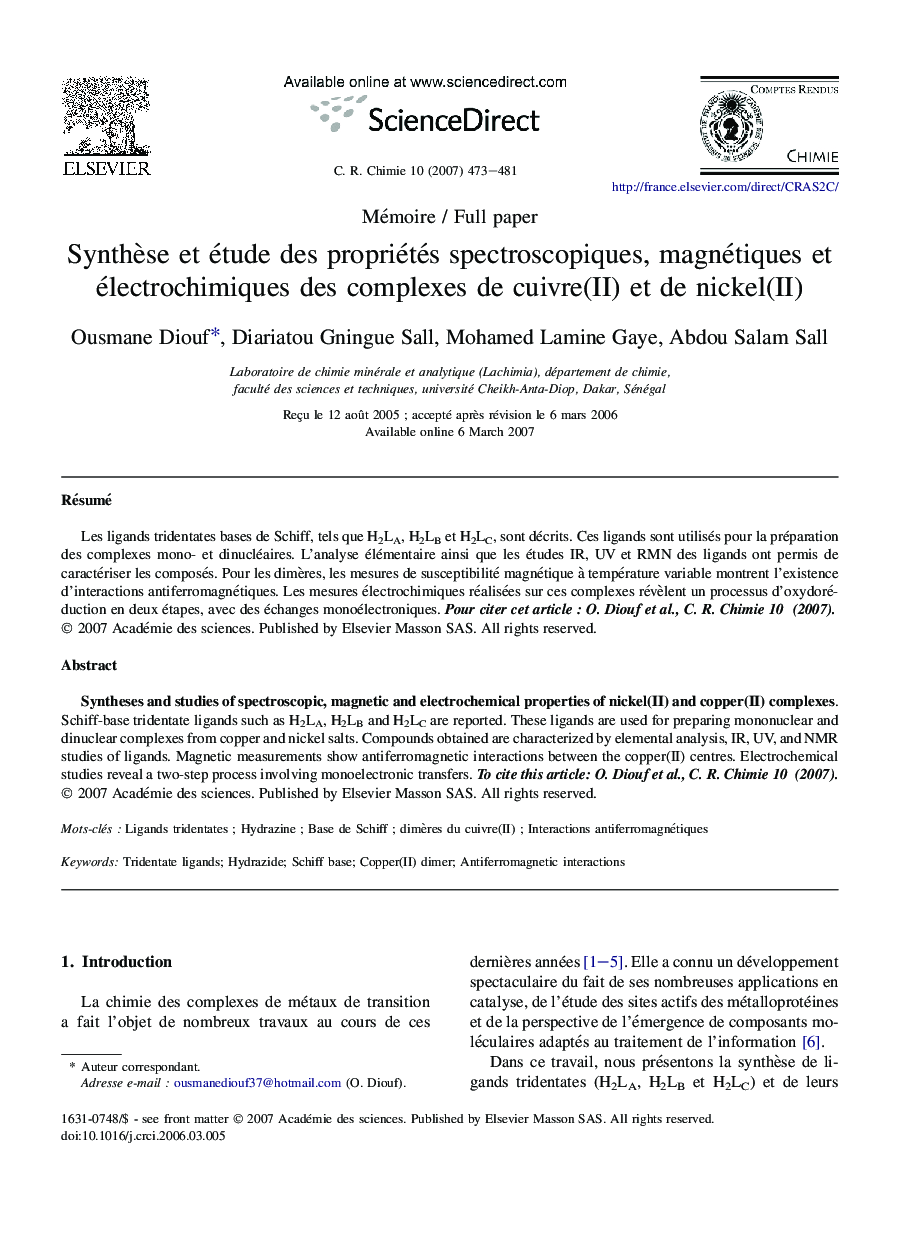Synthèse et étude des propriétés spectroscopiques, magnétiques et électrochimiques des complexes de cuivre(II) et de nickel(II)