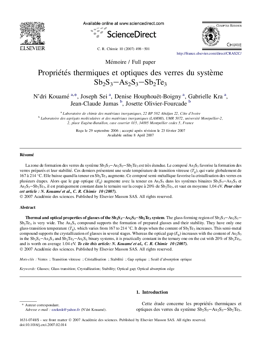 Propriétés thermiques et optiques des verres du système Sb2S3–As2S3–Sb2Te3