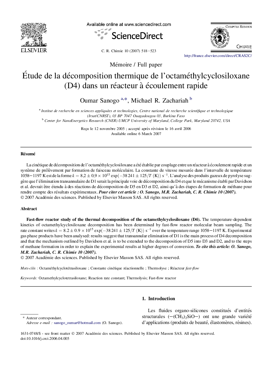 Étude de la décomposition thermique de l'octaméthylcyclosiloxane (D4) dans un réacteur à écoulement rapide