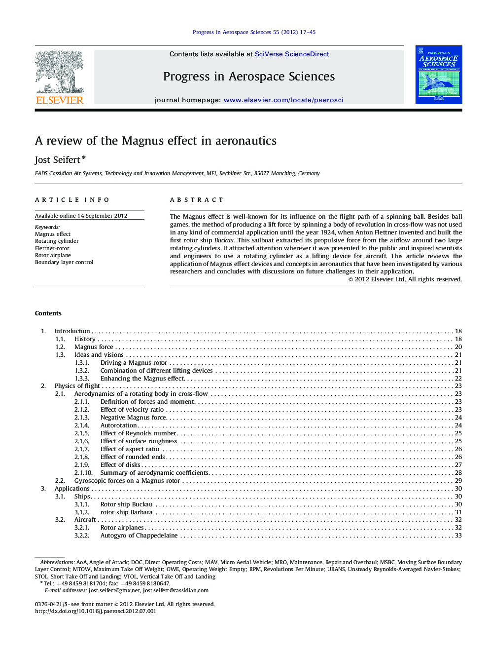 A review of the Magnus effect in aeronautics