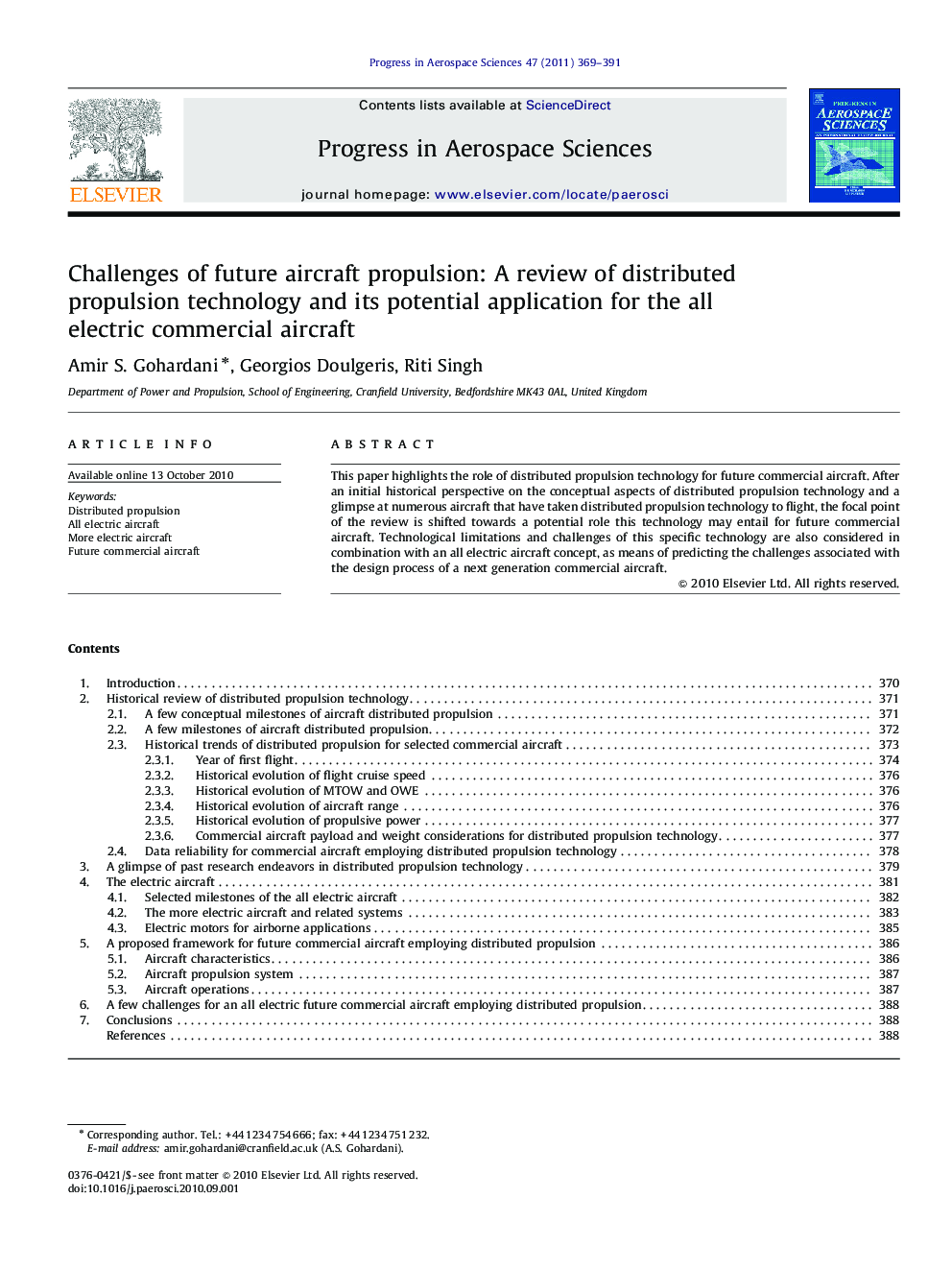 Challenges of future aircraft propulsion: A review of distributed propulsion technology and its potential application for the all electric commercial aircraft