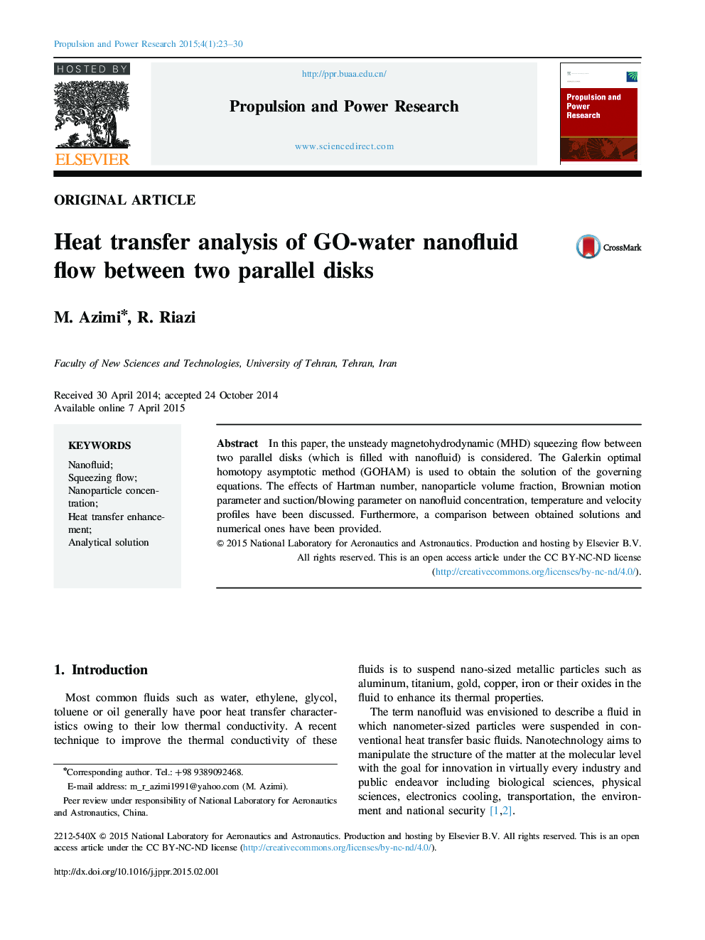 Heat transfer analysis of GO-water nanofluid flow between two parallel disks 
