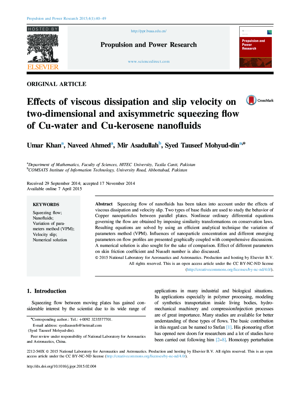 Effects of viscous dissipation and slip velocity on two-dimensional and axisymmetric squeezing flow of Cu-water and Cu-kerosene nanofluids 