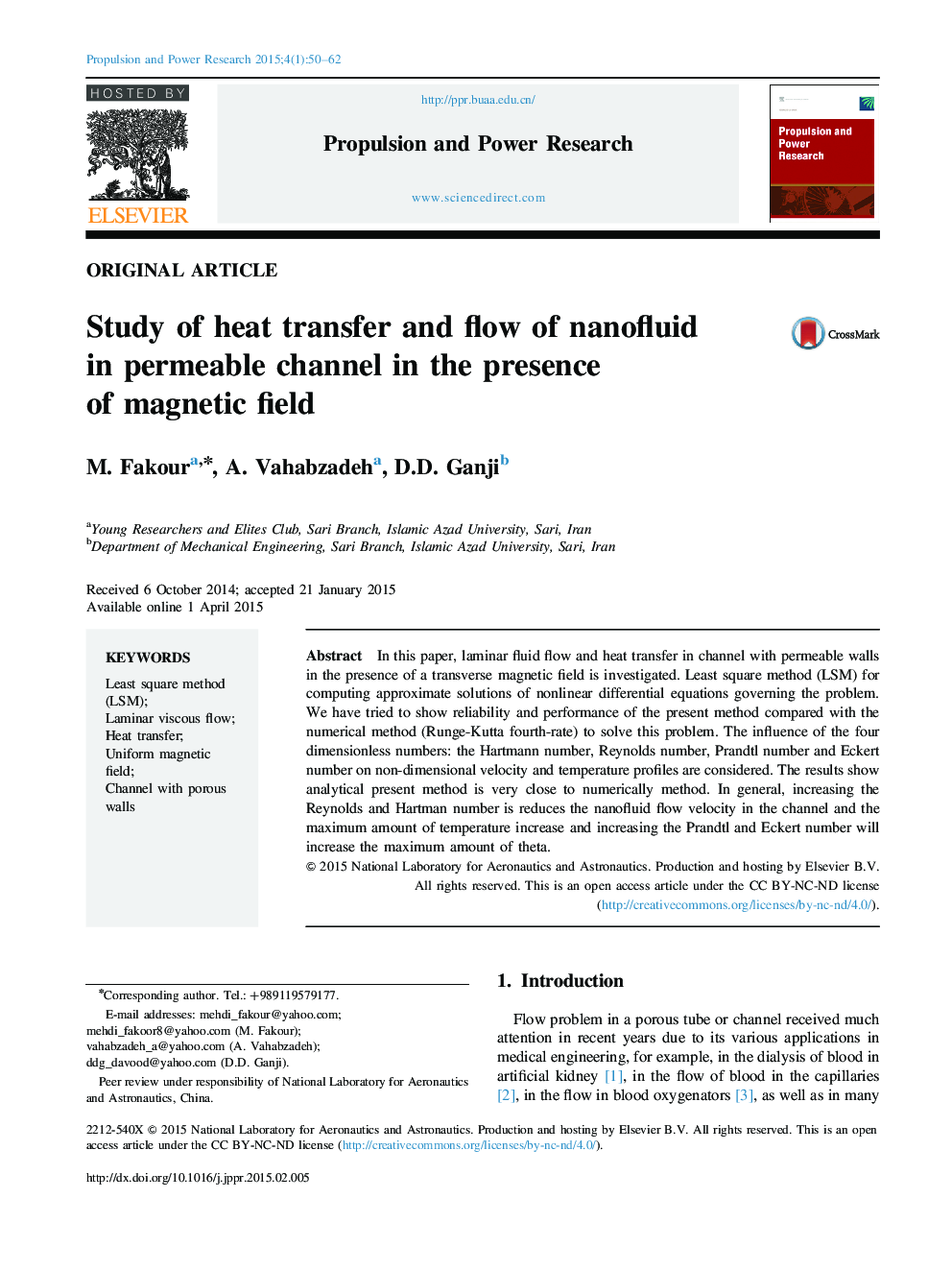 Study of heat transfer and flow of nanofluid in permeable channel in the presence of magnetic field 