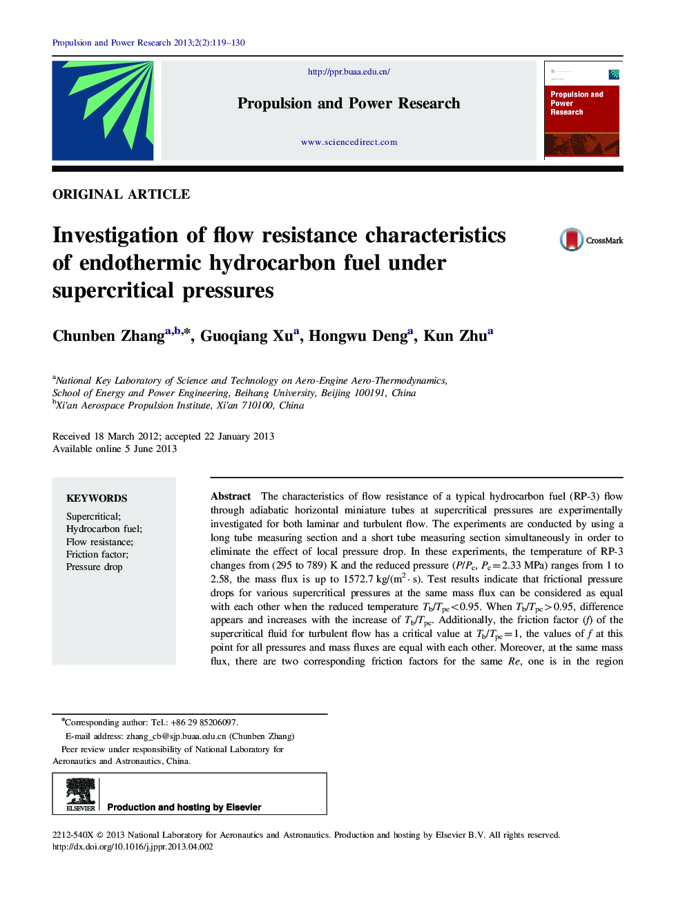 Investigation of flow resistance characteristics of endothermic hydrocarbon fuel under supercritical pressures 