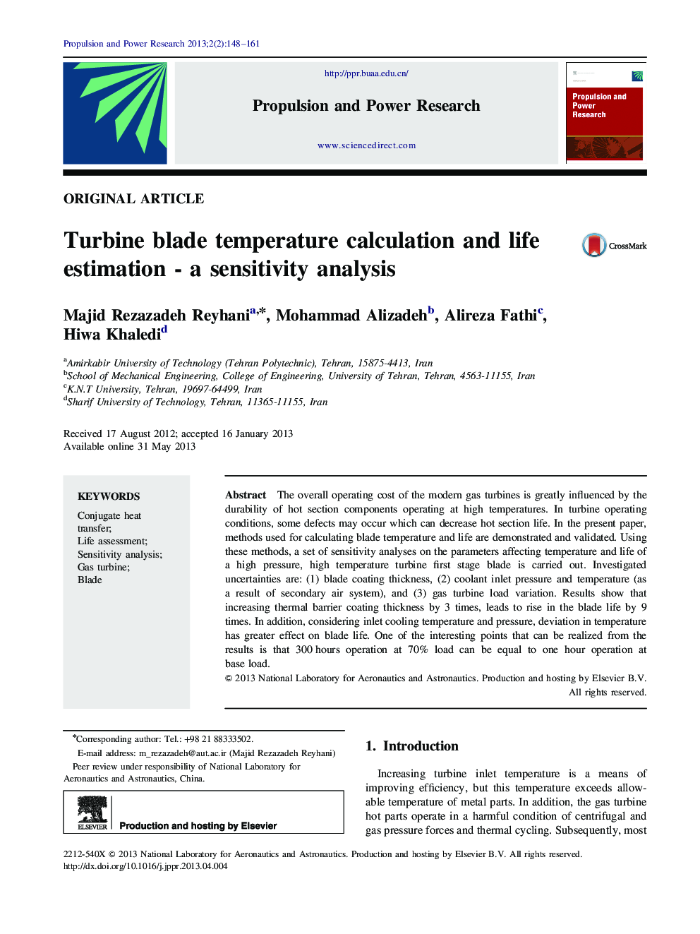 Turbine blade temperature calculation and life estimation - a sensitivity analysis 