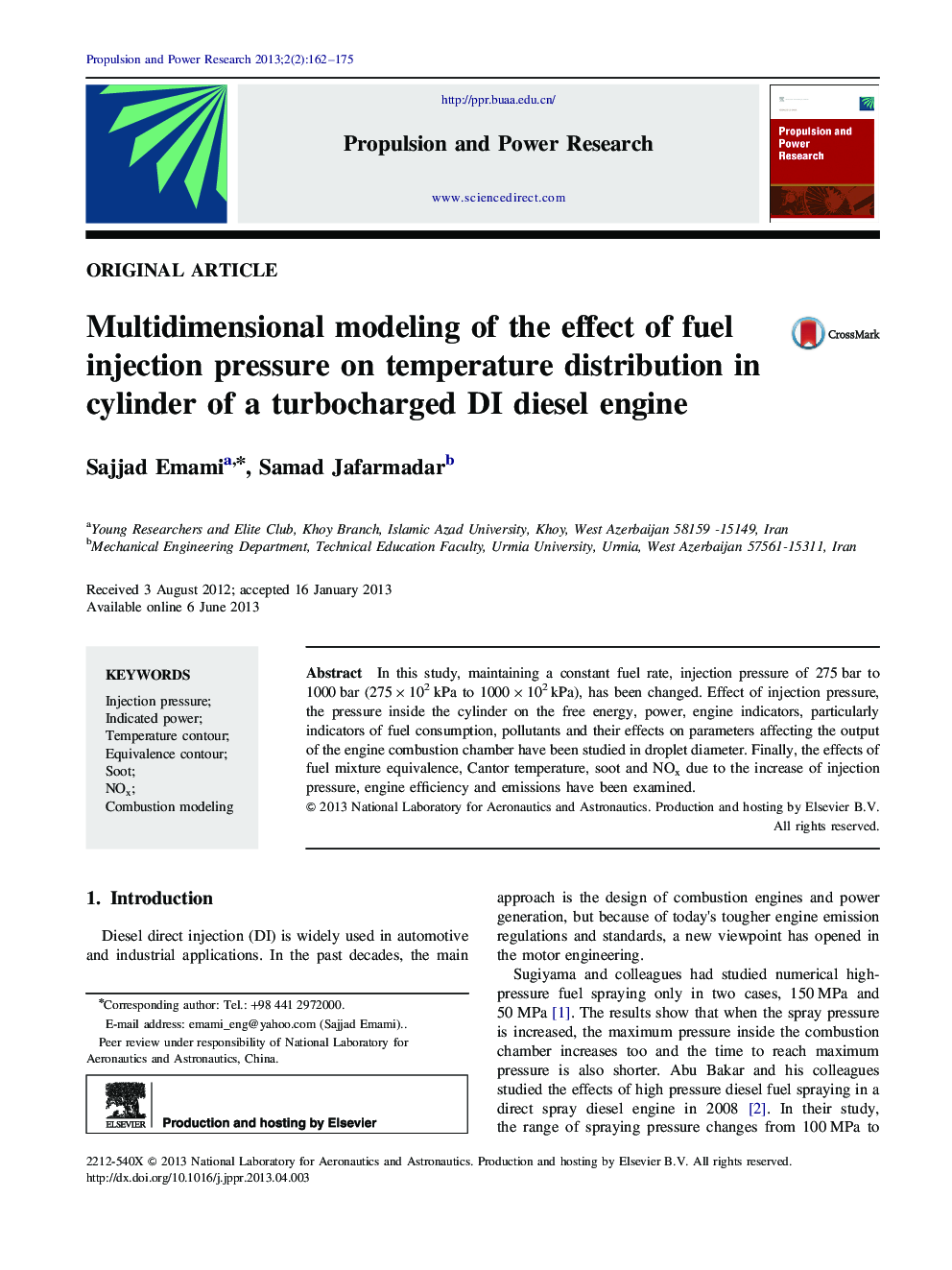 Multidimensional modeling of the effect of fuel injection pressure on temperature distribution in cylinder of a turbocharged DI diesel engine 