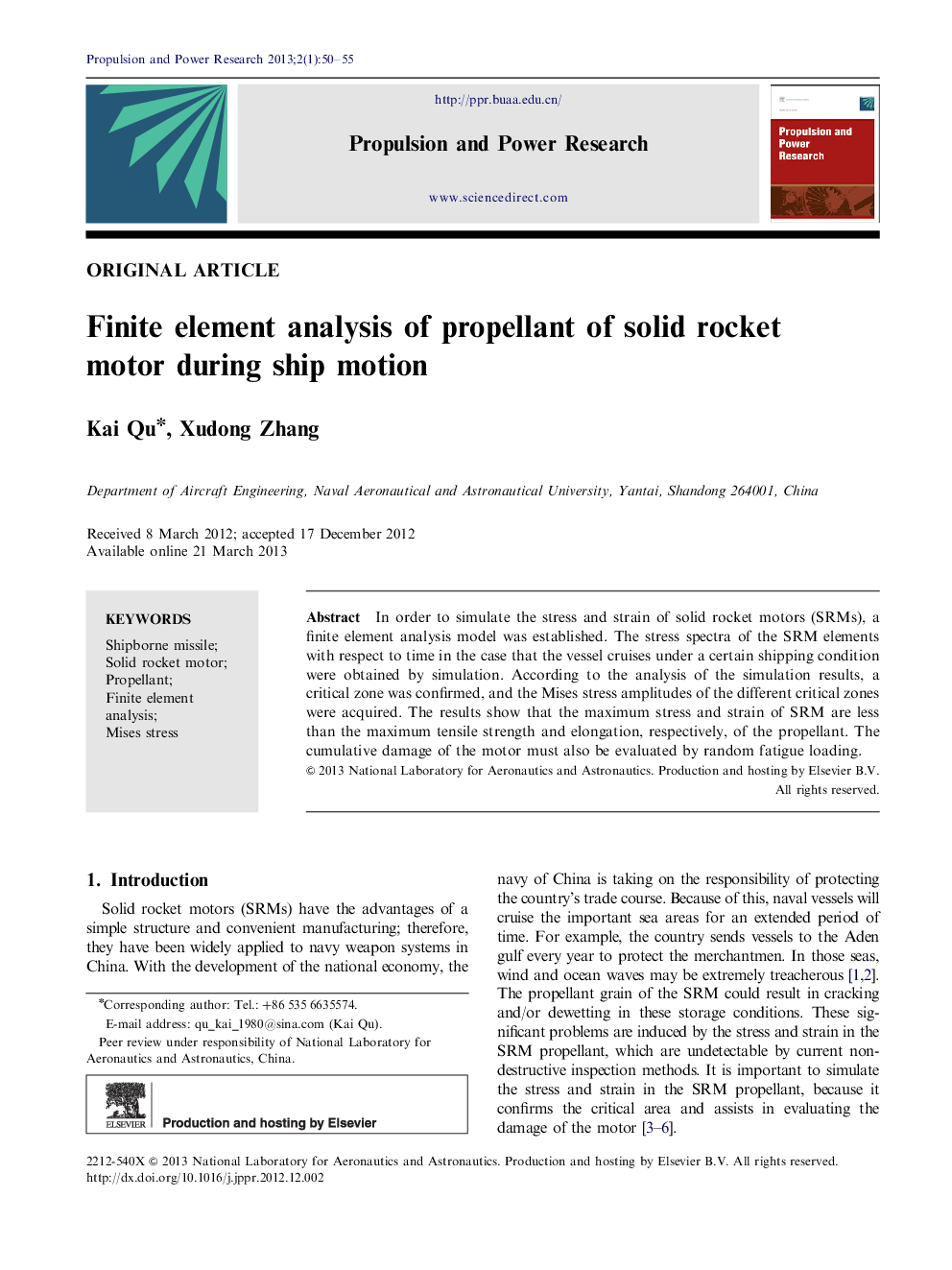 Finite element analysis of propellant of solid rocket motor during ship motion 