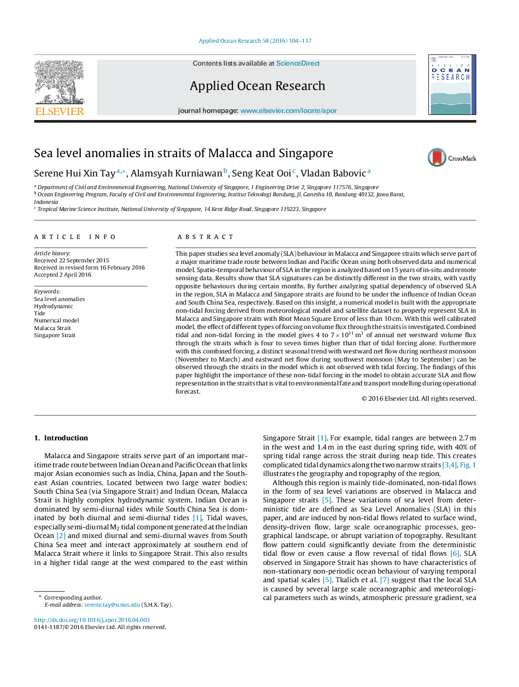 Sea level anomalies in straits of Malacca and Singapore