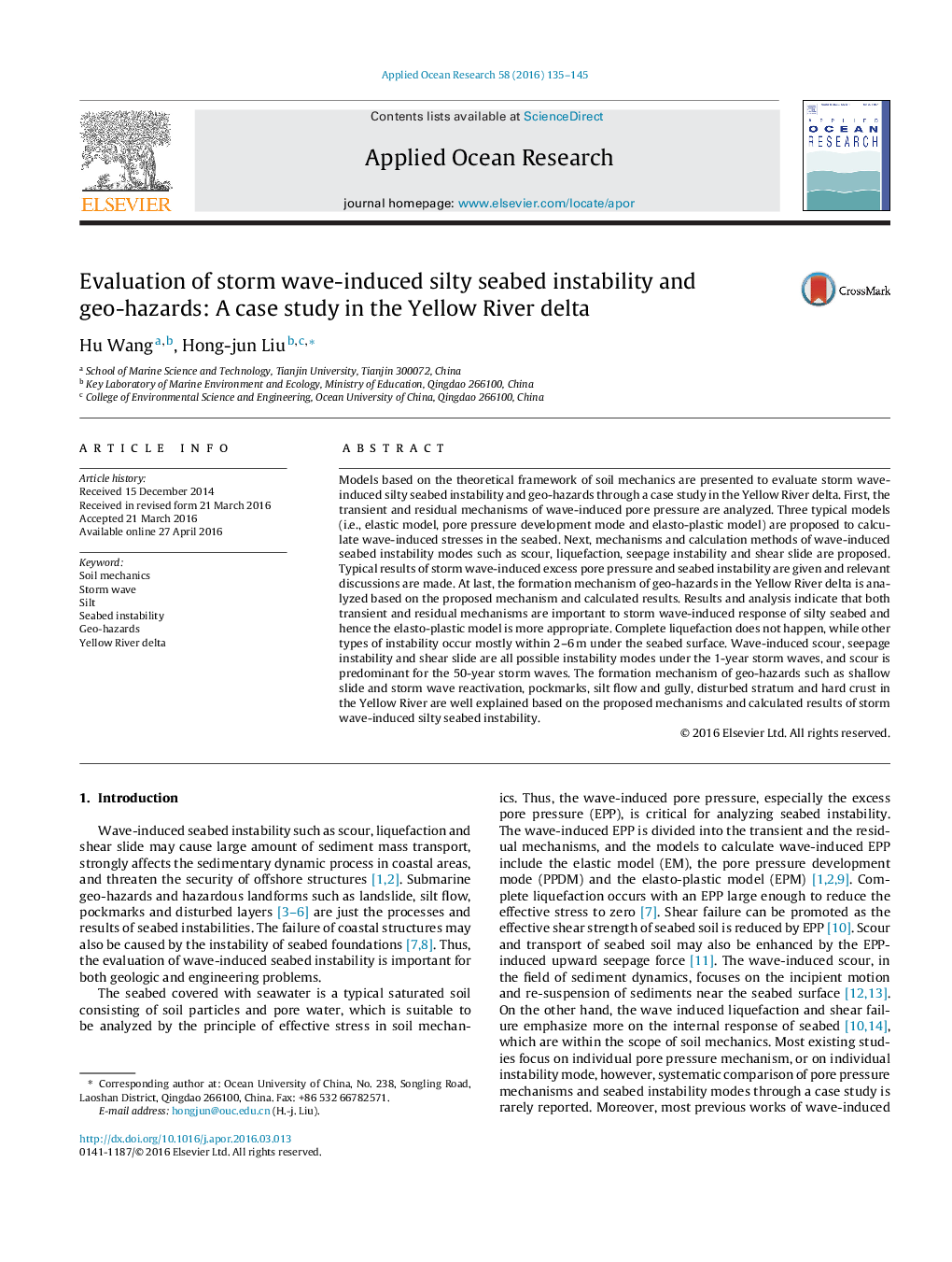 Evaluation of storm wave-induced silty seabed instability and geo-hazards: A case study in the Yellow River delta