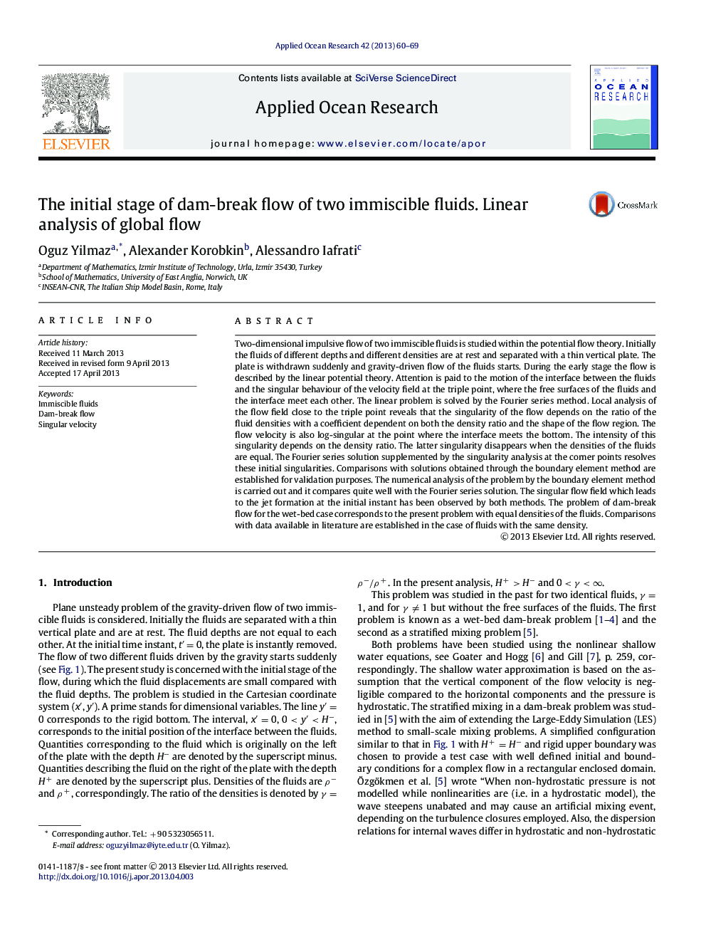 The initial stage of dam-break flow of two immiscible fluids. Linear analysis of global flow