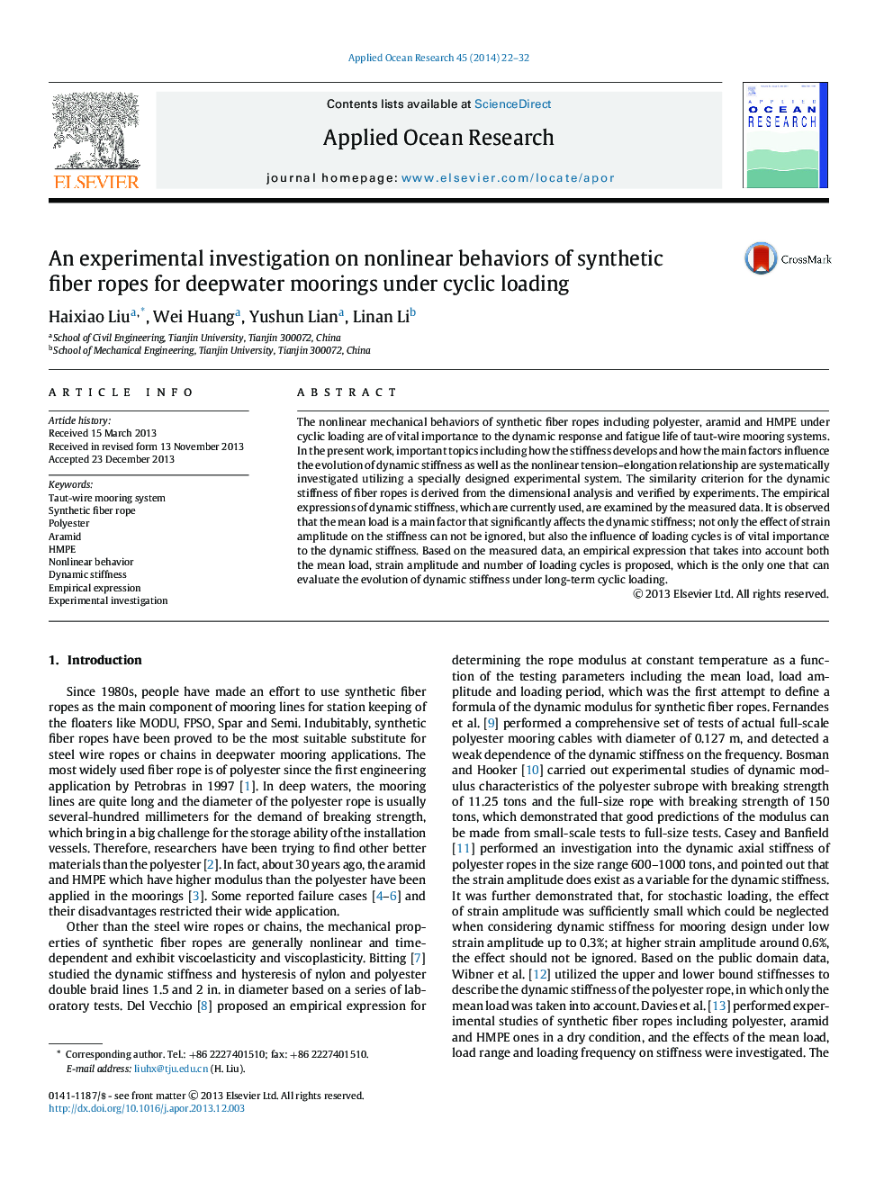 An experimental investigation on nonlinear behaviors of synthetic fiber ropes for deepwater moorings under cyclic loading