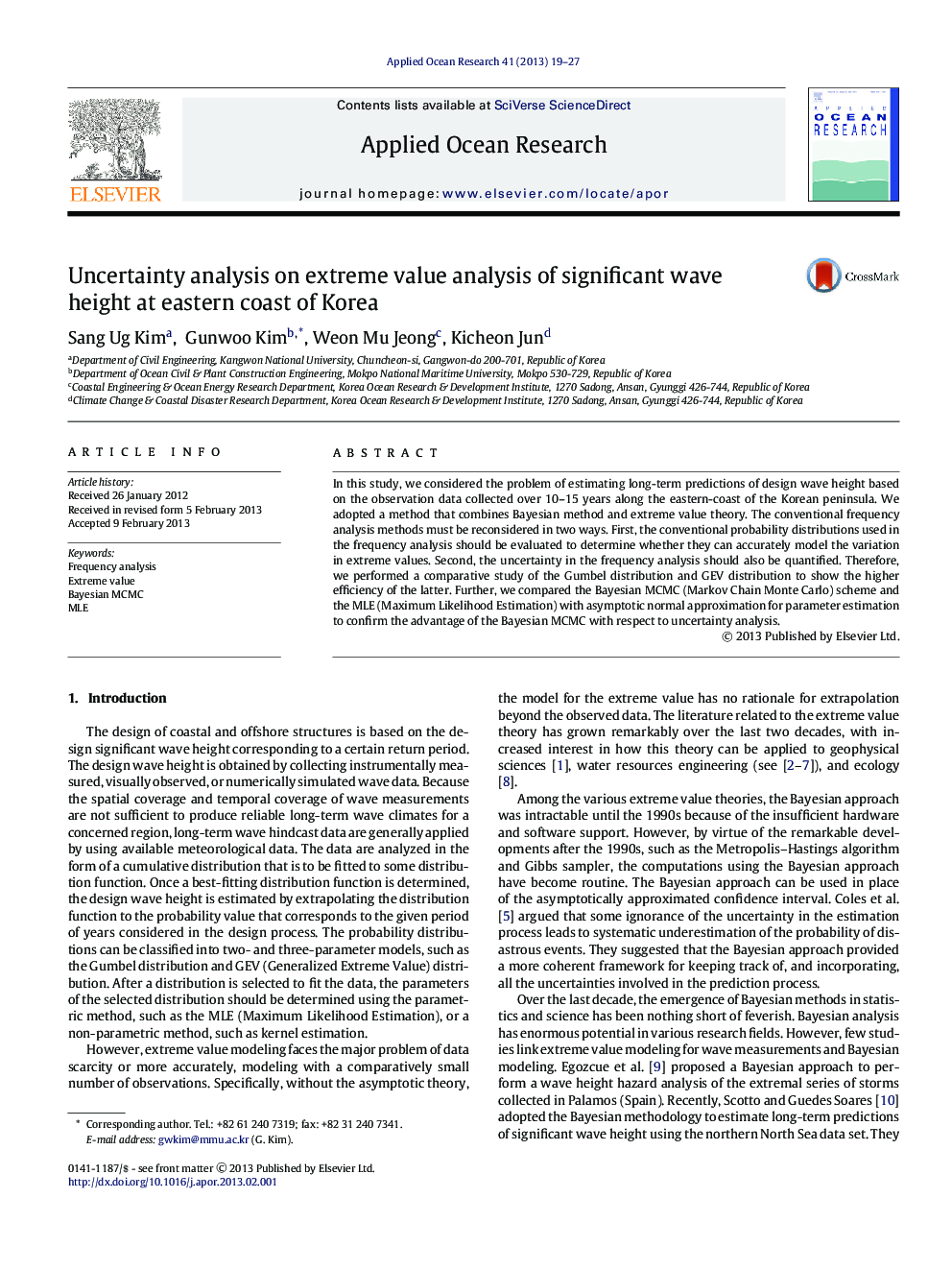 Uncertainty analysis on extreme value analysis of significant wave height at eastern coast of Korea