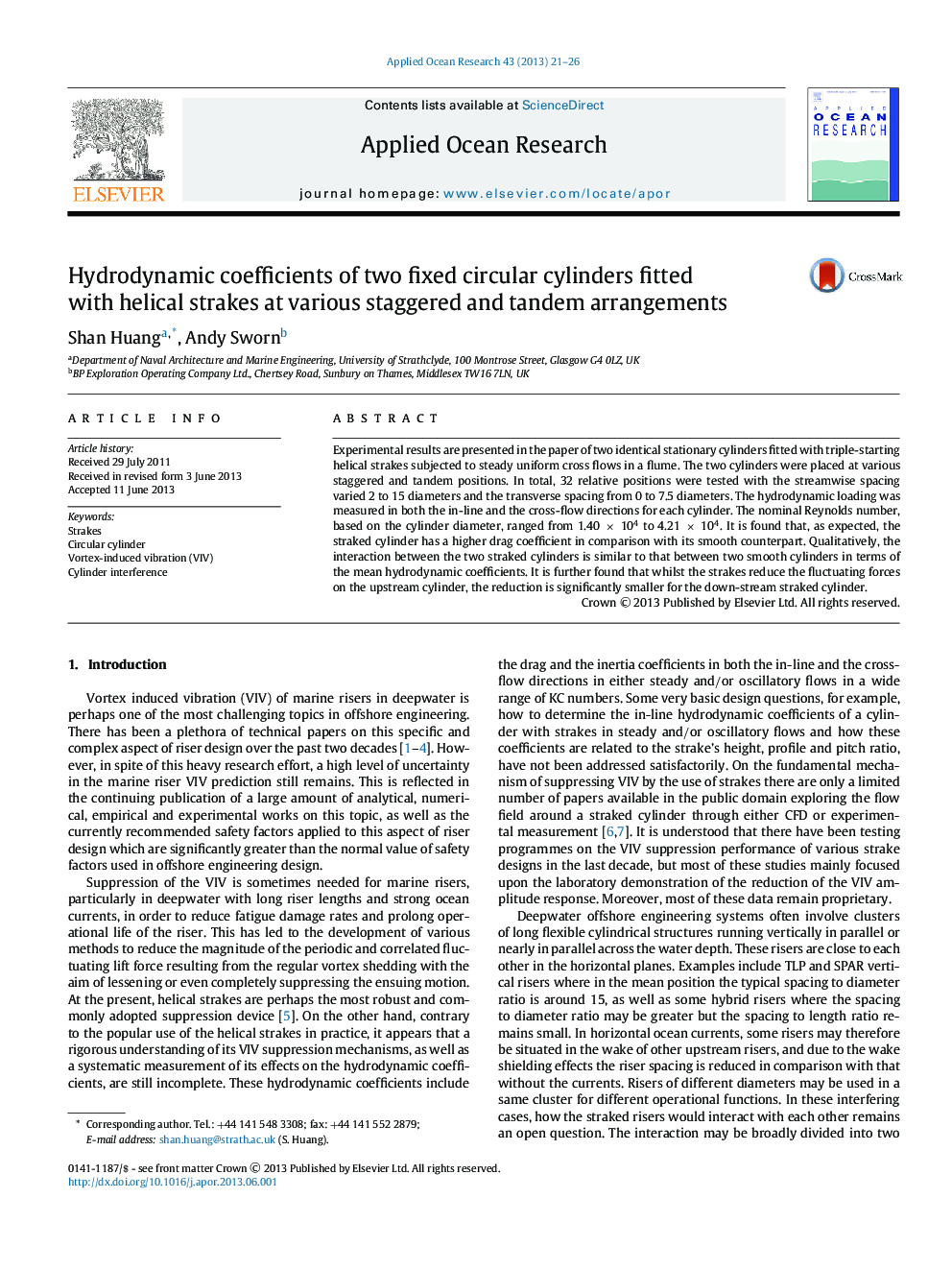 Hydrodynamic coefficients of two fixed circular cylinders fitted with helical strakes at various staggered and tandem arrangements