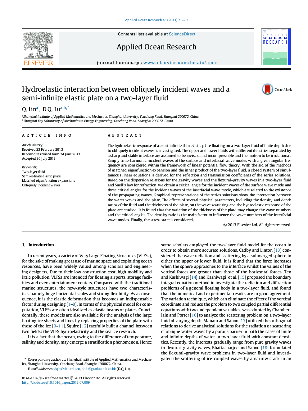 Hydroelastic interaction between obliquely incident waves and a semi-infinite elastic plate on a two-layer fluid