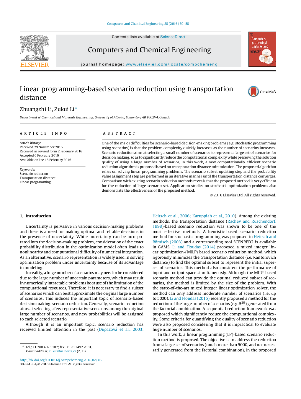 Linear programming-based scenario reduction using transportation distance