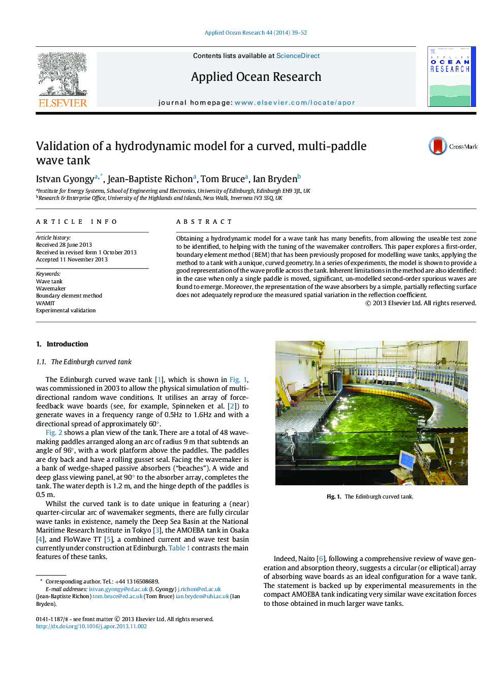 Validation of a hydrodynamic model for a curved, multi-paddle wave tank