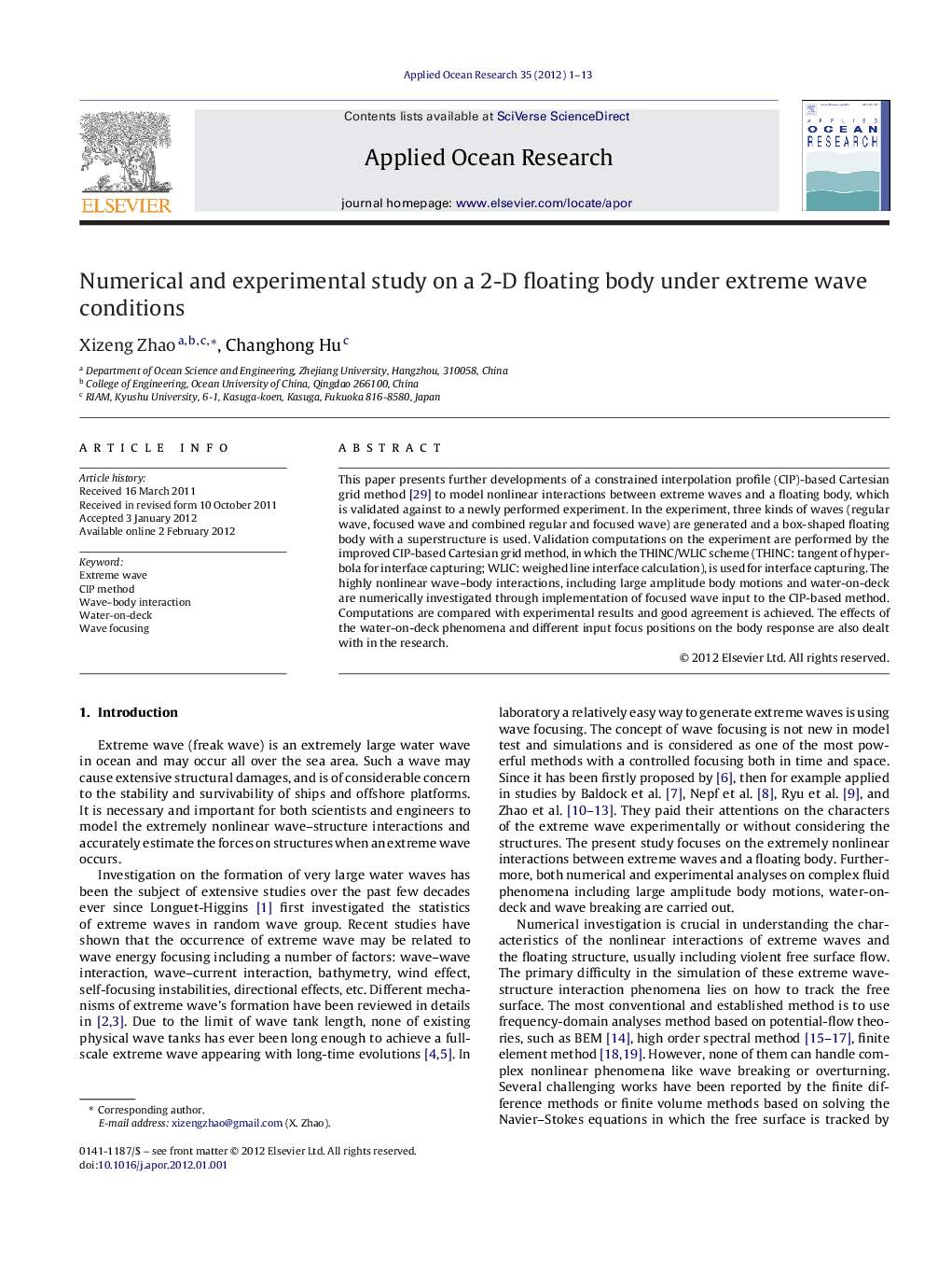 Numerical and experimental study on a 2-D floating body under extreme wave conditions