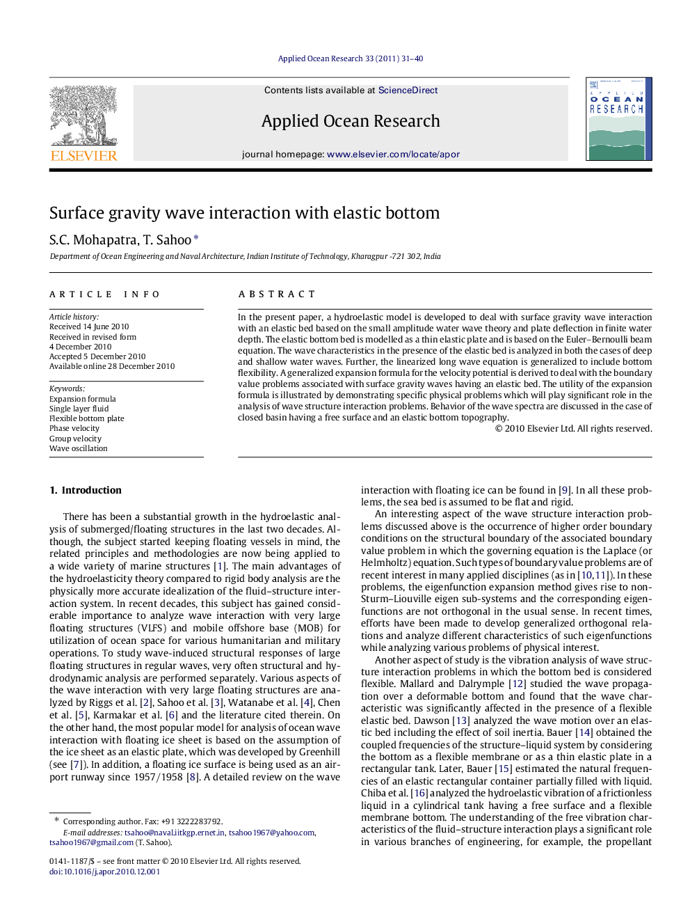 Surface gravity wave interaction with elastic bottom