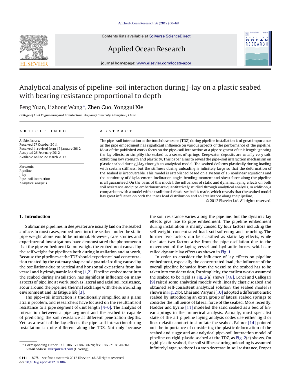 Analytical analysis of pipeline–soil interaction during J-lay on a plastic seabed with bearing resistance proportional to depth