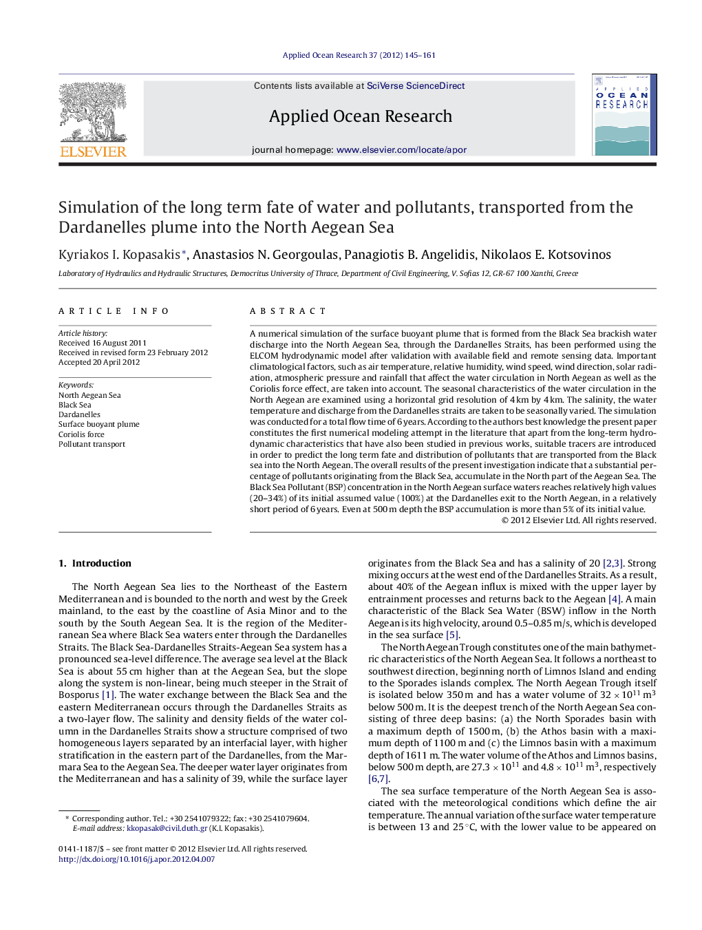 Simulation of the long term fate of water and pollutants, transported from the Dardanelles plume into the North Aegean Sea