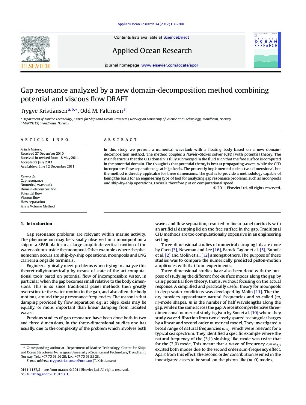 Gap resonance analyzed by a new domain-decomposition method combining potential and viscous flow DRAFT