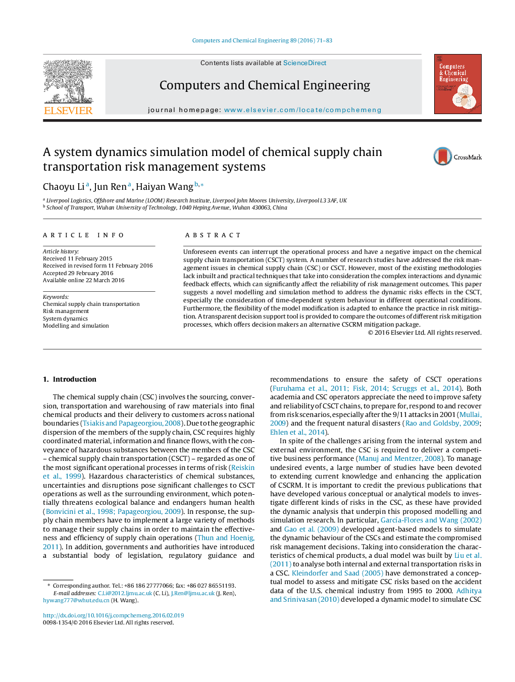 A system dynamics simulation model of chemical supply chain transportation risk management systems