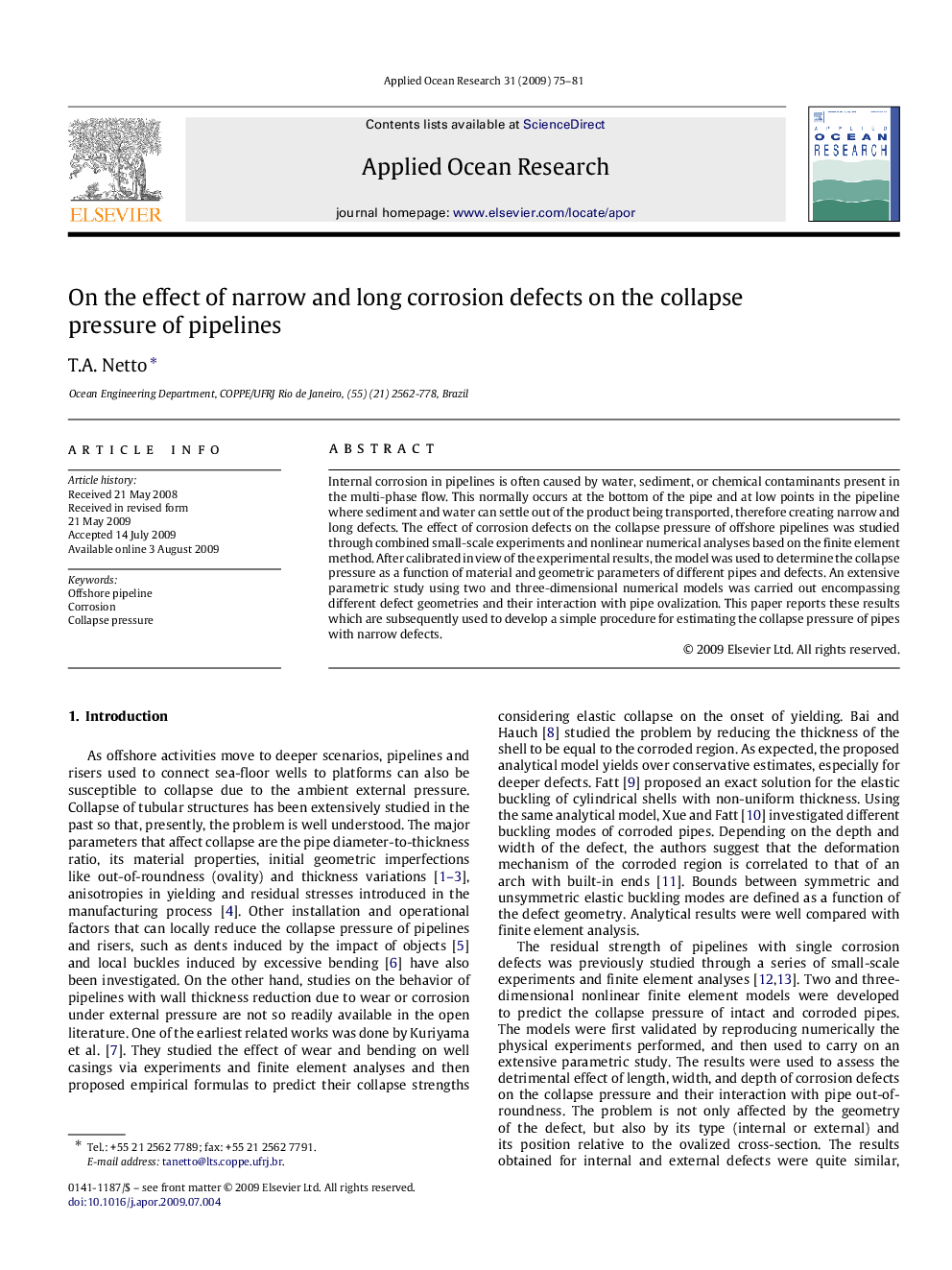 On the effect of narrow and long corrosion defects on the collapse pressure of pipelines