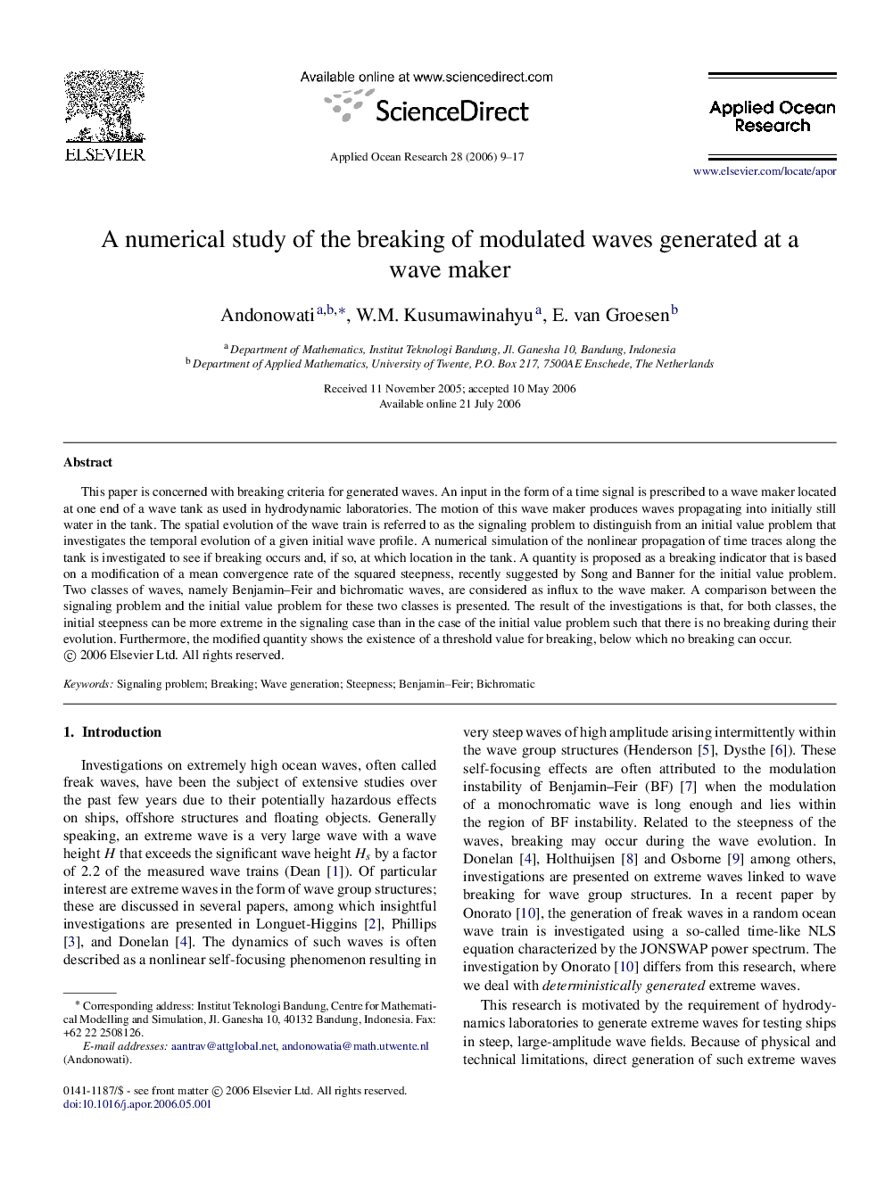 A numerical study of the breaking of modulated waves generated at a wave maker