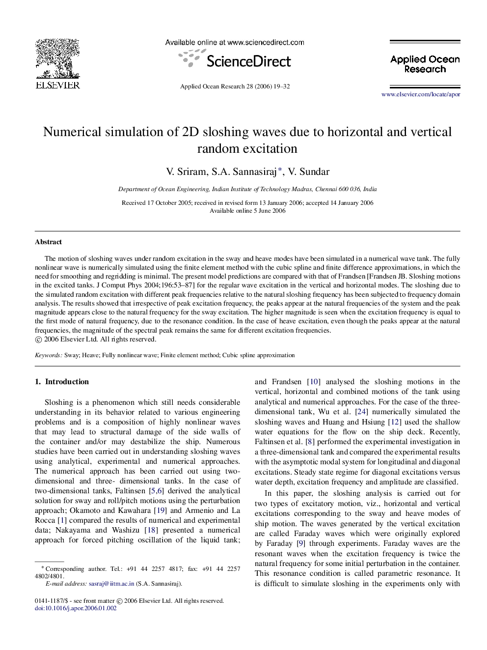 Numerical simulation of 2D sloshing waves due to horizontal and vertical random excitation