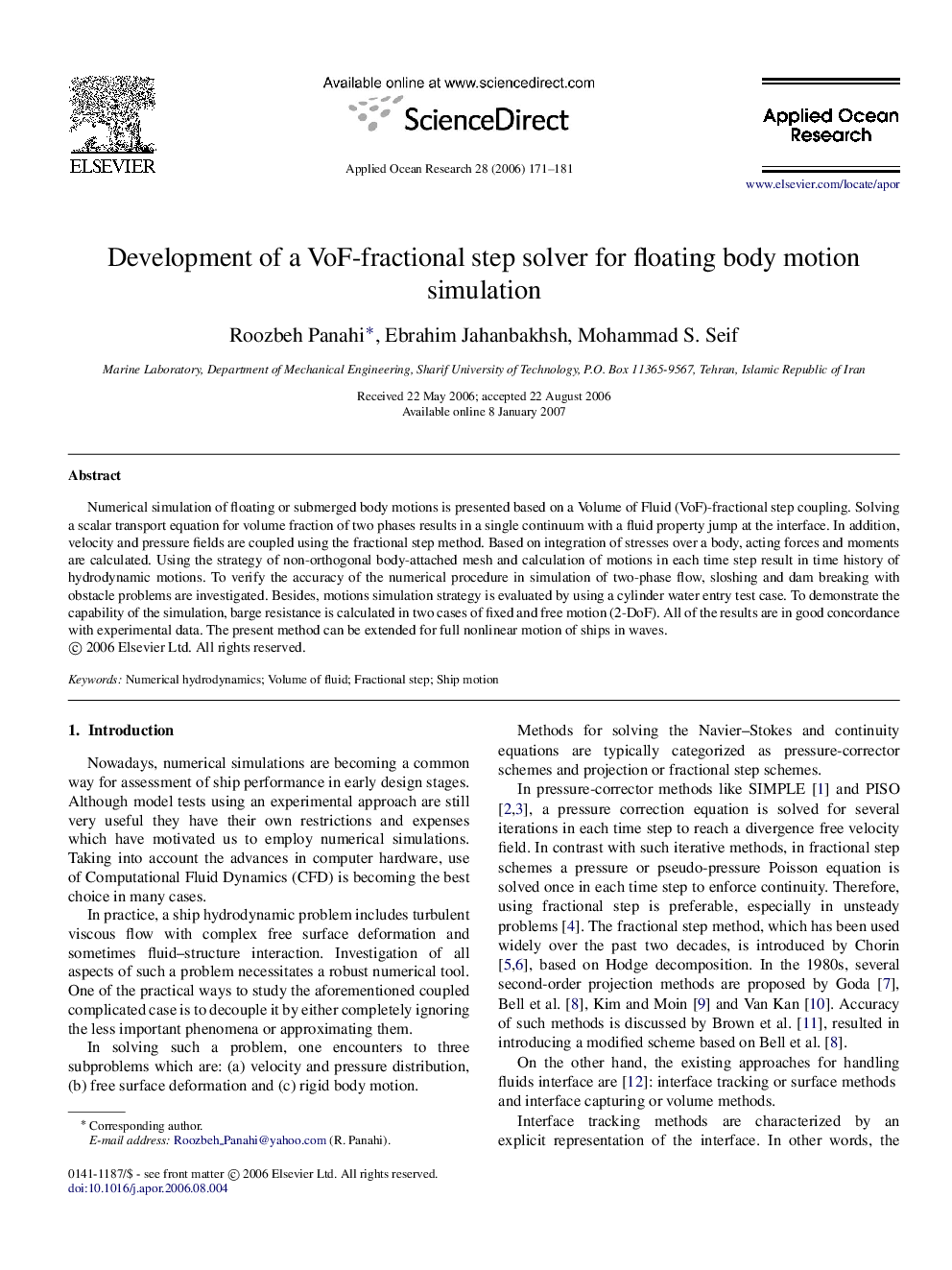 Development of a VoF-fractional step solver for floating body motion simulation