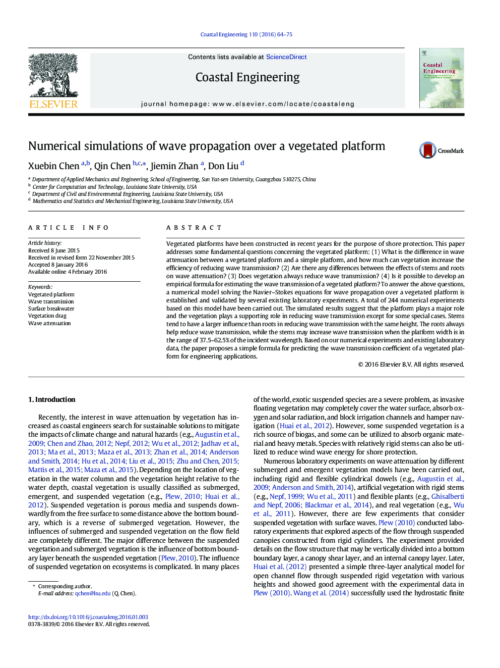 Numerical simulations of wave propagation over a vegetated platform