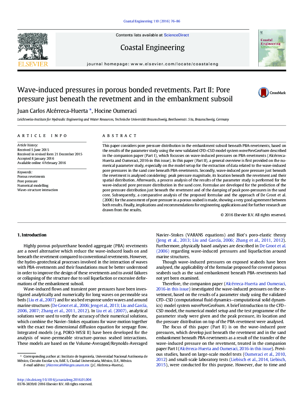 Wave-induced pressures in porous bonded revetments. Part II: Pore pressure just beneath the revetment and in the embankment subsoil