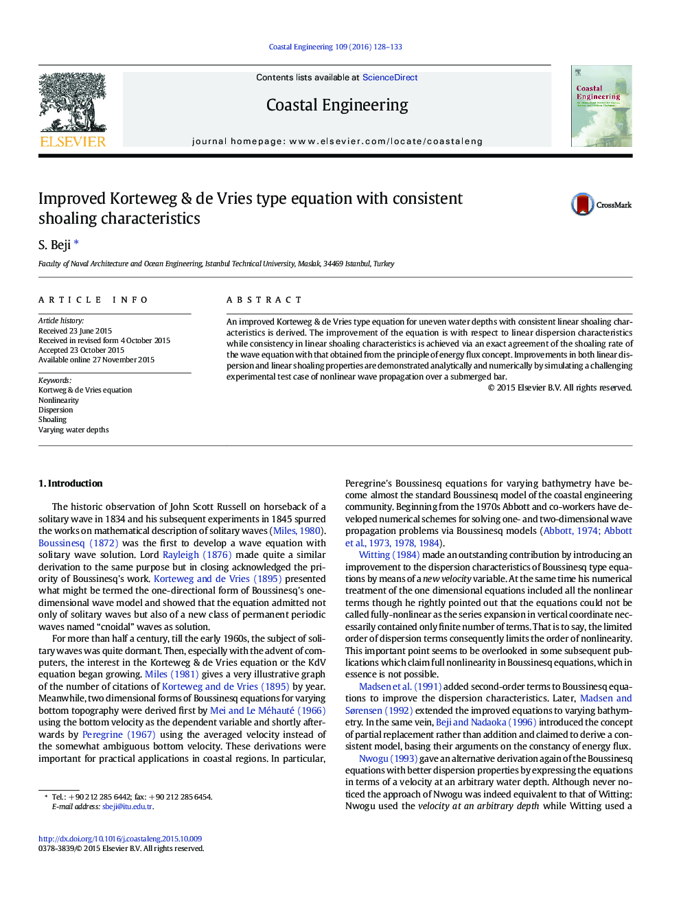 Improved Korteweg & de Vries type equation with consistent shoaling characteristics