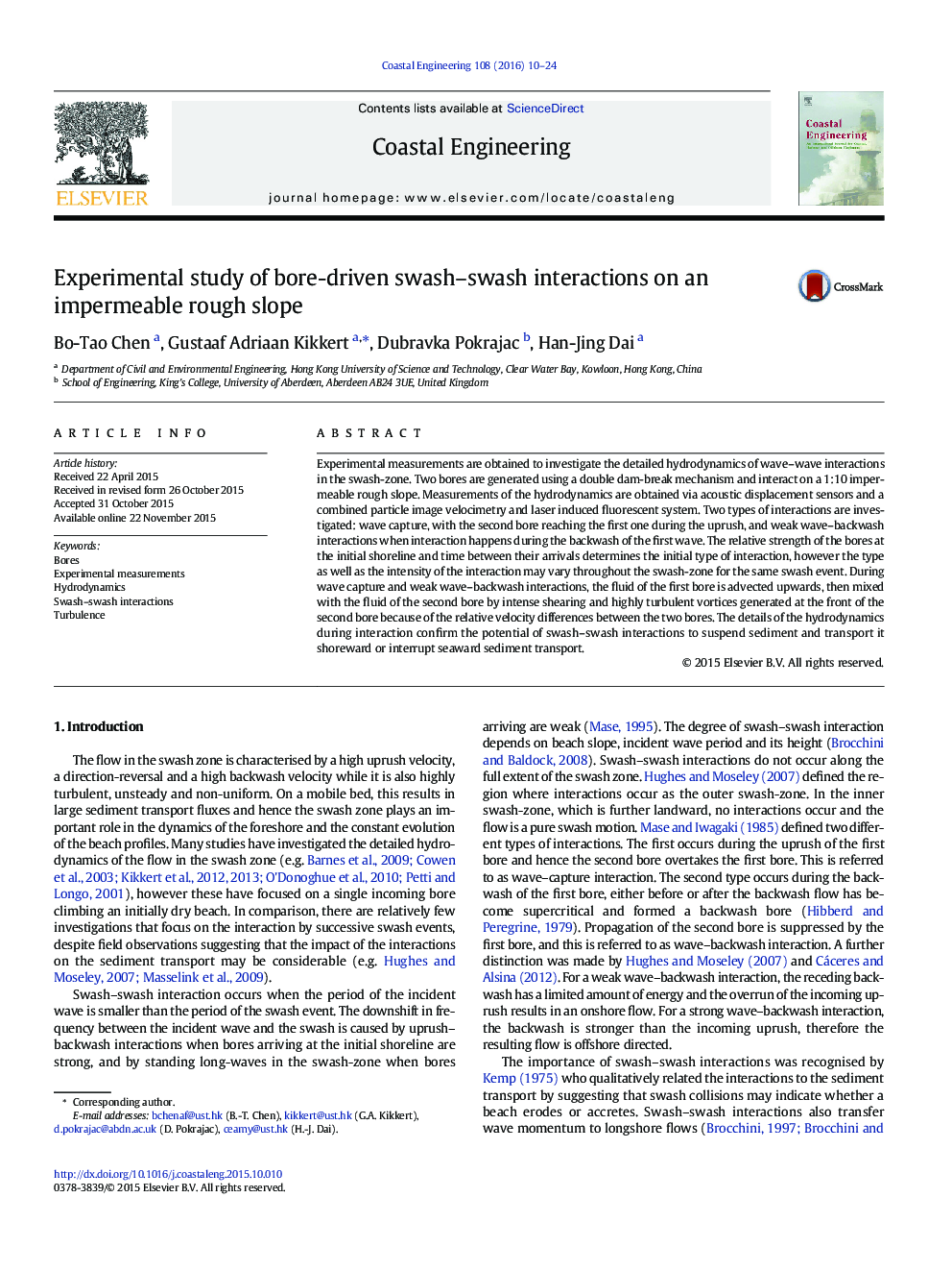 Experimental study of bore-driven swash–swash interactions on an impermeable rough slope