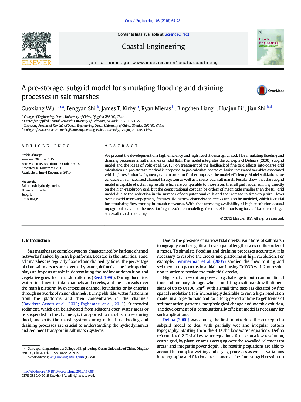 A pre-storage, subgrid model for simulating flooding and draining processes in salt marshes