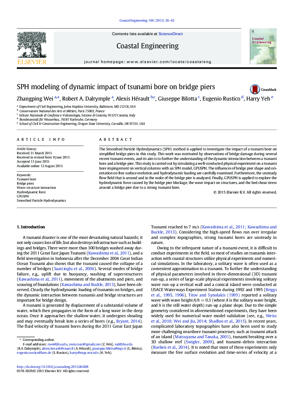 SPH modeling of dynamic impact of tsunami bore on bridge piers