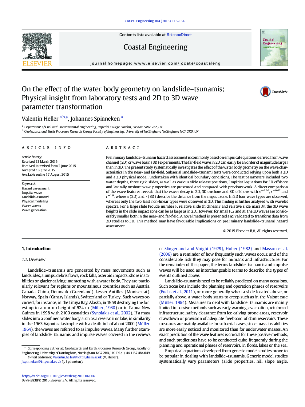 On the effect of the water body geometry on landslide–tsunamis: Physical insight from laboratory tests and 2D to 3D wave parameter transformation