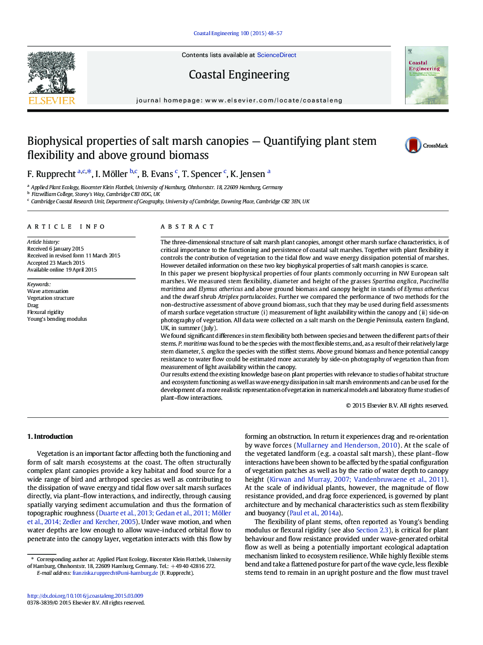 Biophysical properties of salt marsh canopies — Quantifying plant stem flexibility and above ground biomass