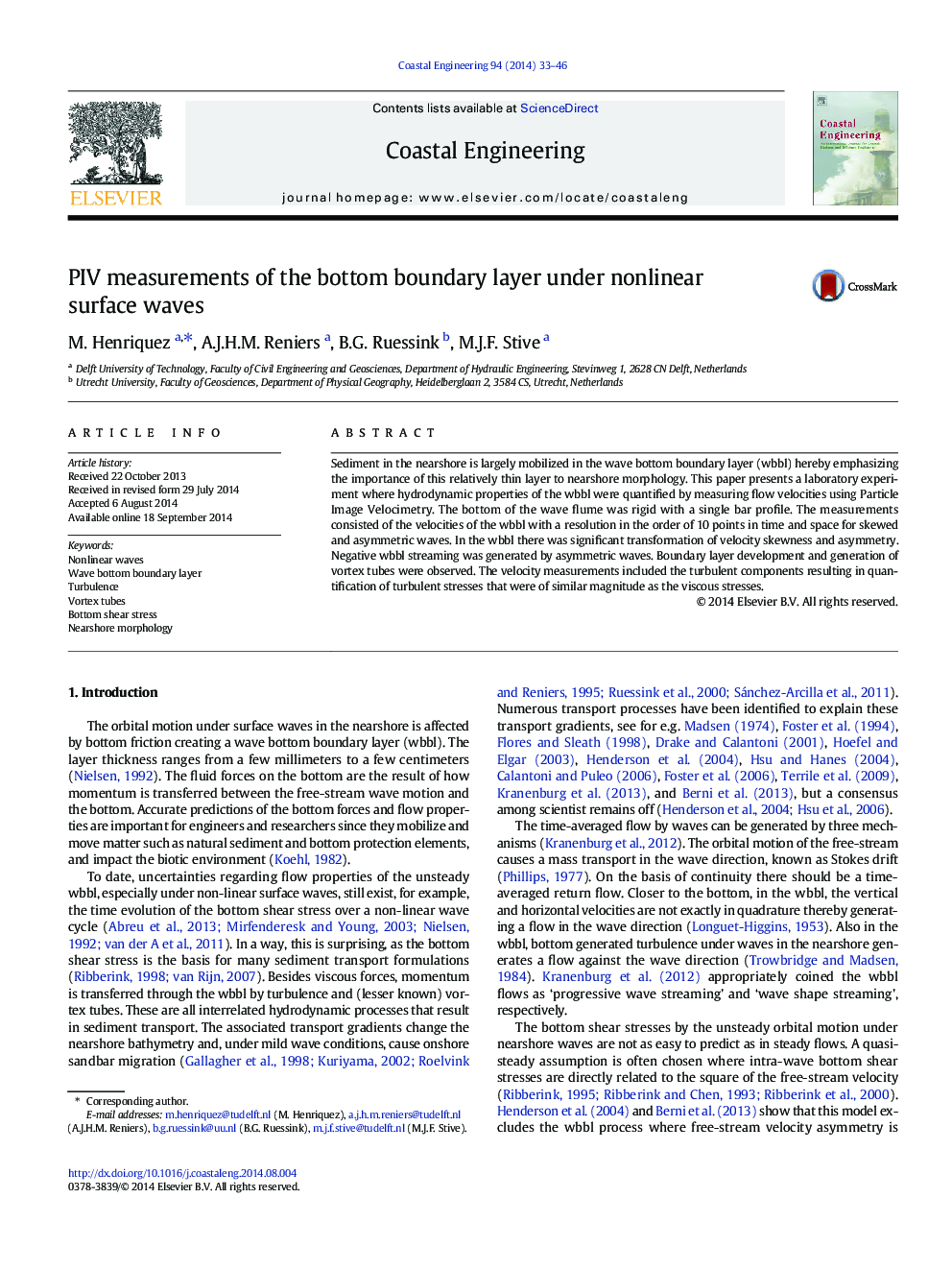 عکس صفحه اول مقاله: PIV measurements of the bottom boundary layer under nonlinear surface waves PIV measurements of the bottom boundary layer under nonlinear surface waves