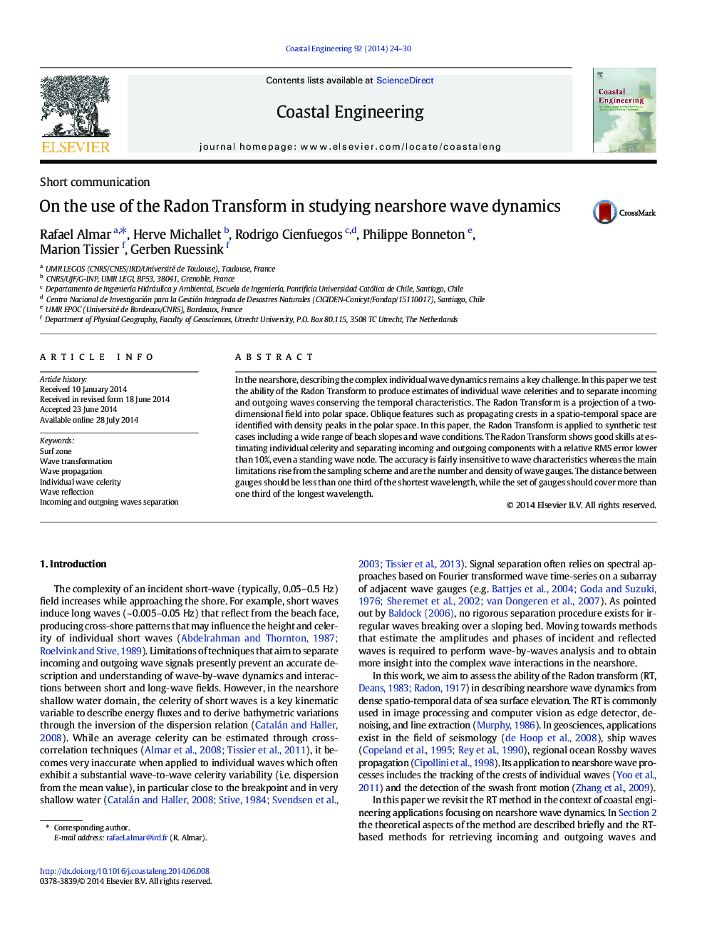 On the use of the Radon Transform in studying nearshore wave dynamics