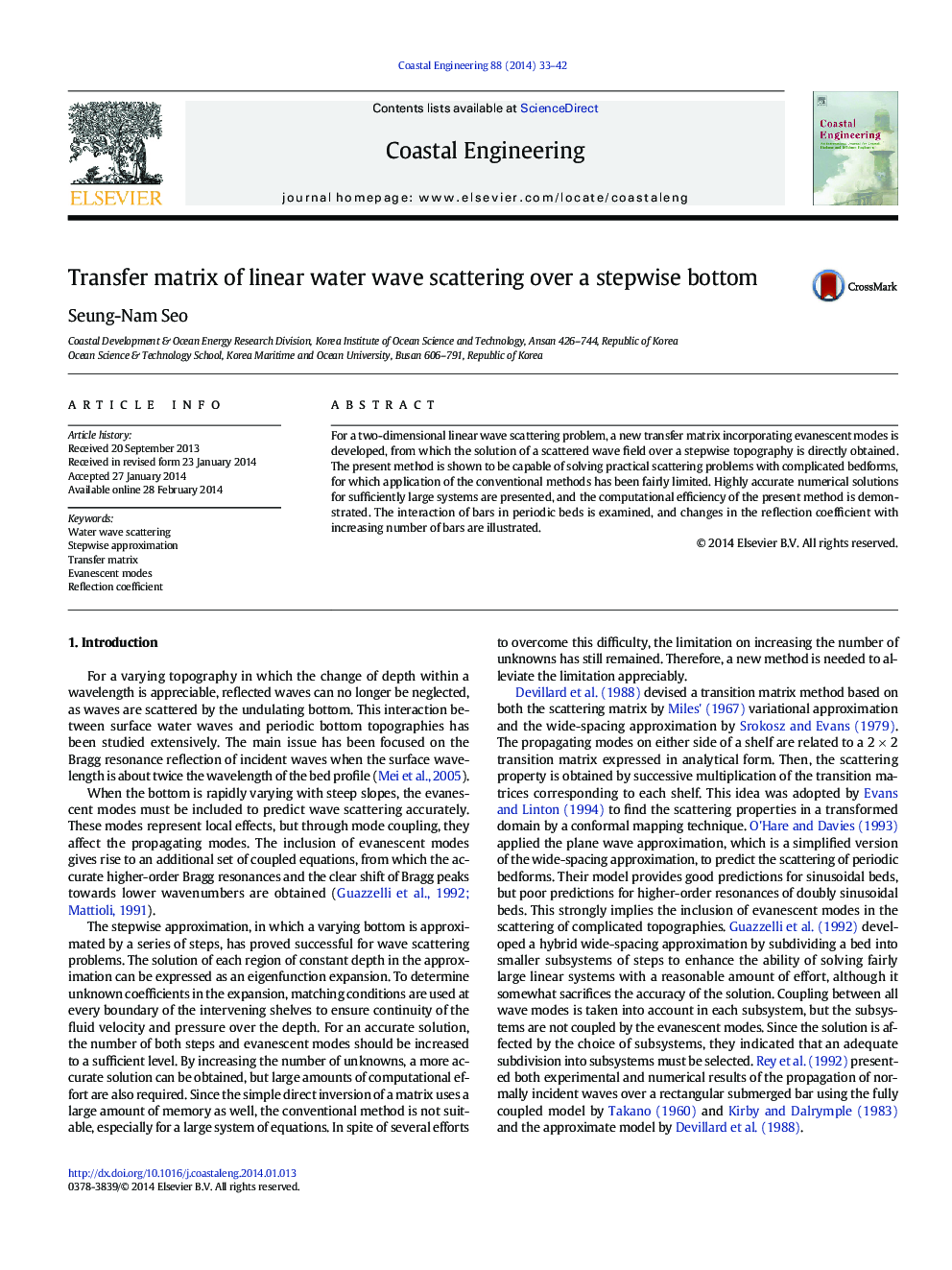 Transfer matrix of linear water wave scattering over a stepwise bottom