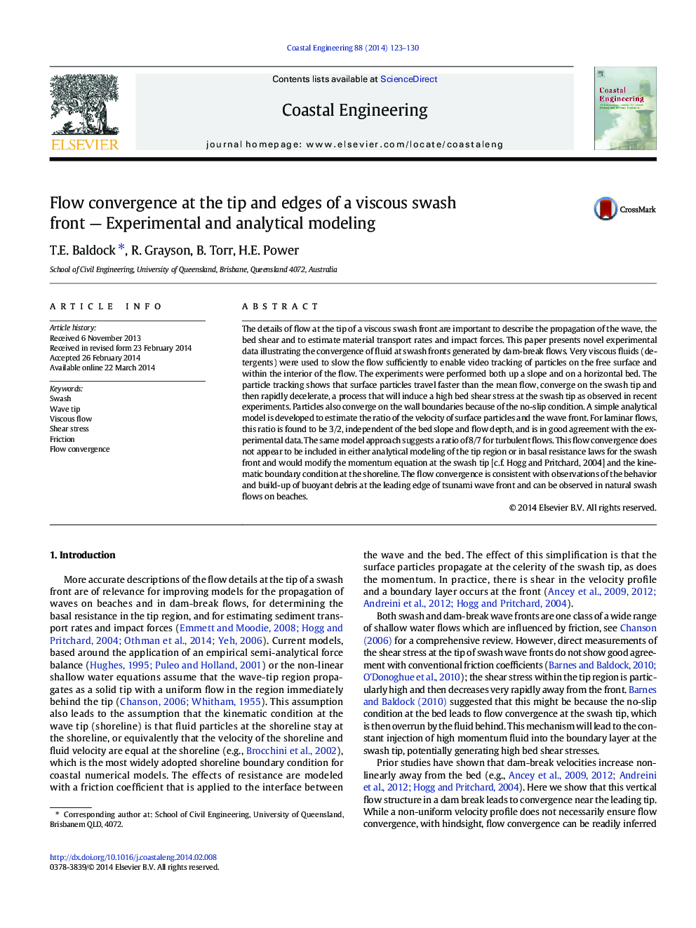 Flow convergence at the tip and edges of a viscous swash front — Experimental and analytical modeling