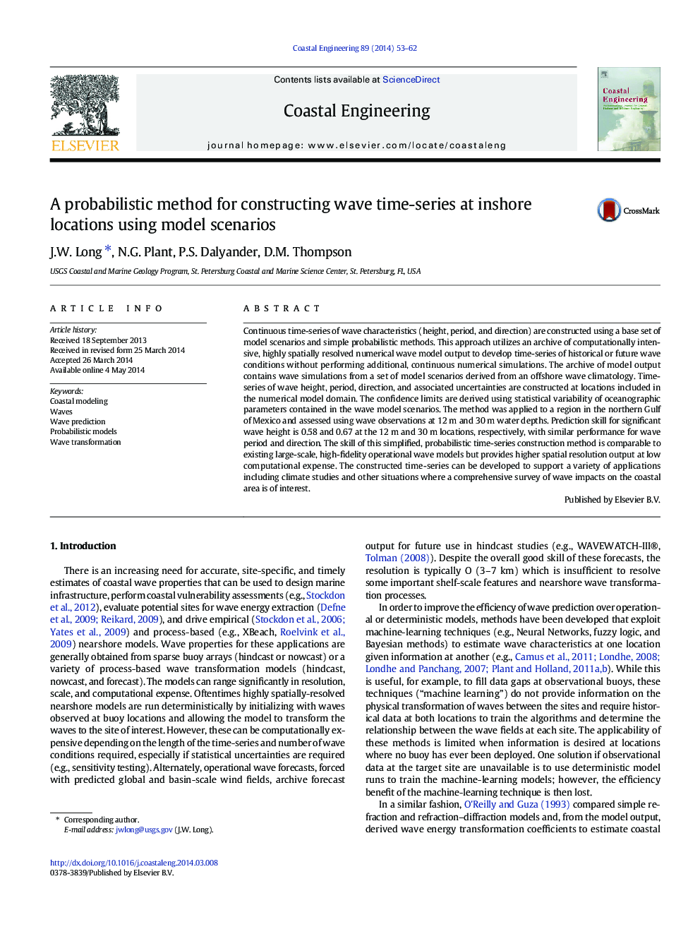 A probabilistic method for constructing wave time-series at inshore locations using model scenarios