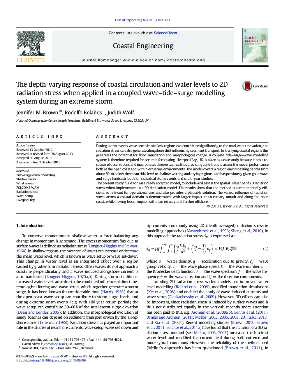 The depth-varying response of coastal circulation and water levels to 2D radiation stress when applied in a coupled wave–tide–surge modelling system during an extreme storm