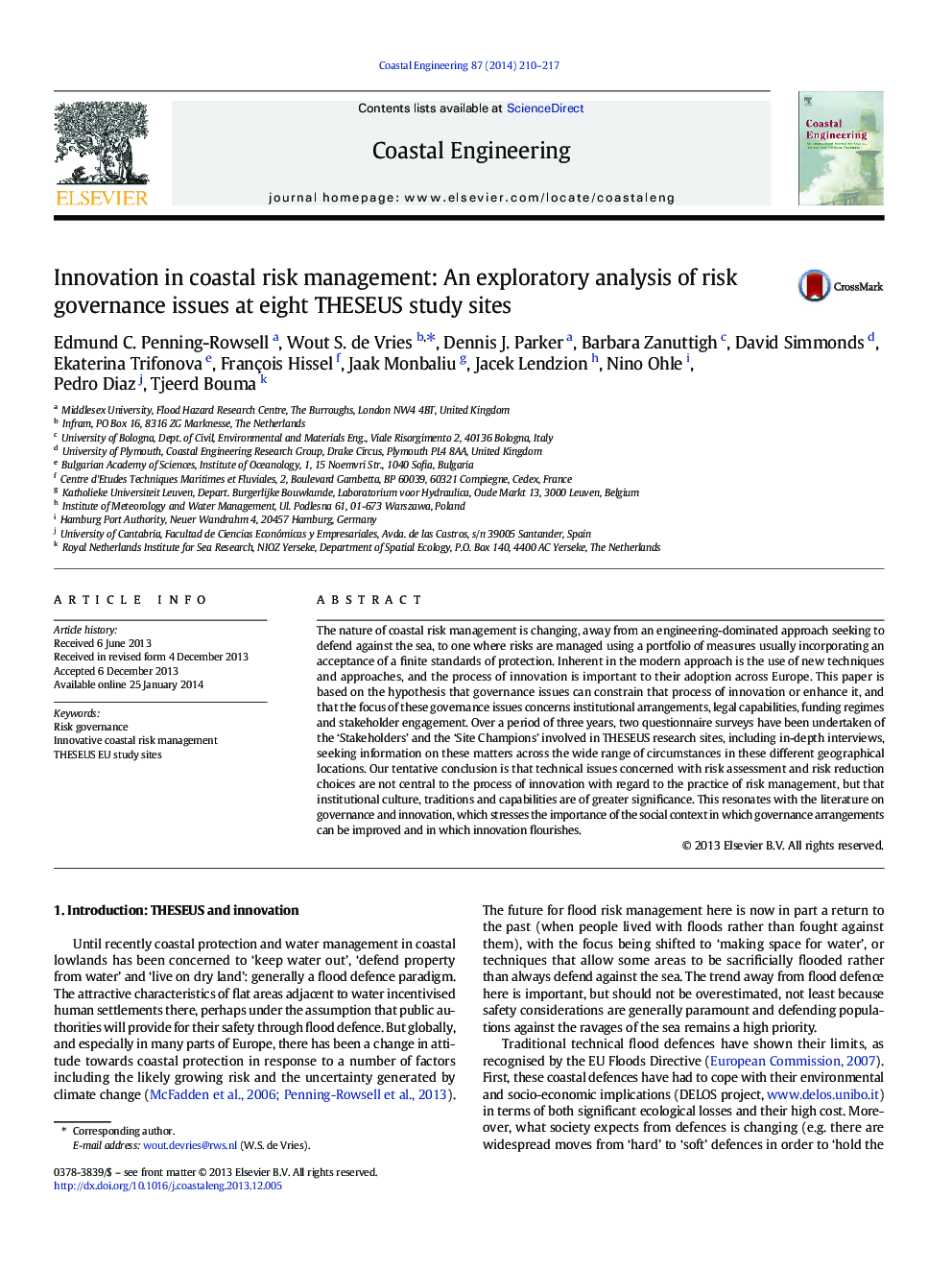 Innovation in coastal risk management: An exploratory analysis of risk governance issues at eight THESEUS study sites