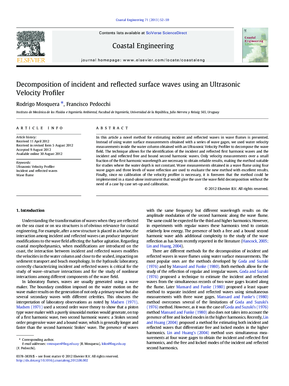 Decomposition of incident and reflected surface waves using an Ultrasonic Velocity Profiler