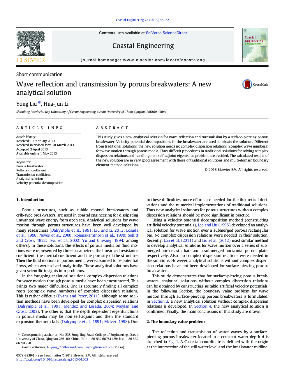 Wave reflection and transmission by porous breakwaters: A new analytical solution