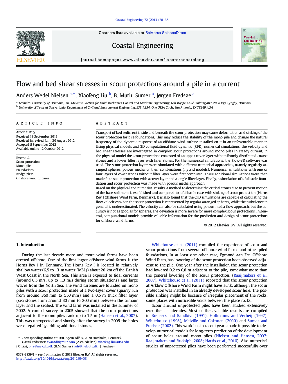 Flow and bed shear stresses in scour protections around a pile in a current